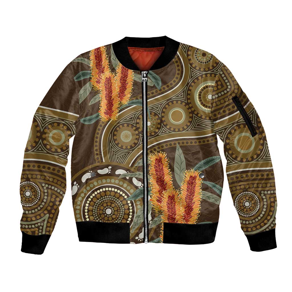 Australian Yellow Banksia Flowers Sleeve Zip Bomber Jacket Aboriginal Dot Art