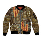 Australian Yellow Banksia Flowers Sleeve Zip Bomber Jacket Aboriginal Dot Art