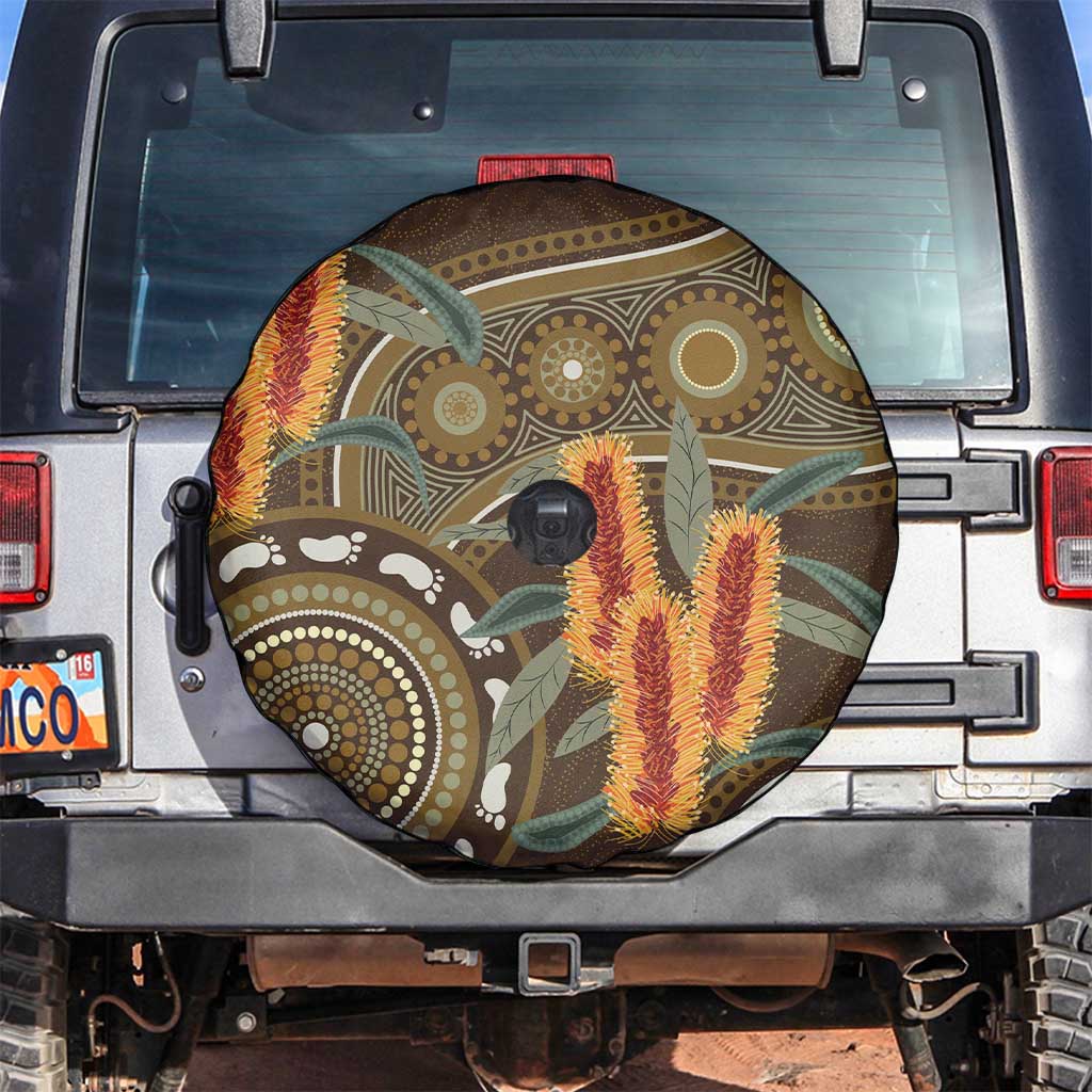 Australian Yellow Banksia Flowers Spare Tire Cover Aboriginal Dot Art