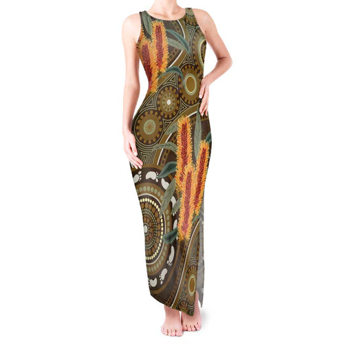 Australian Yellow Banksia Flowers Tank Maxi Dress Aboriginal Dot Art