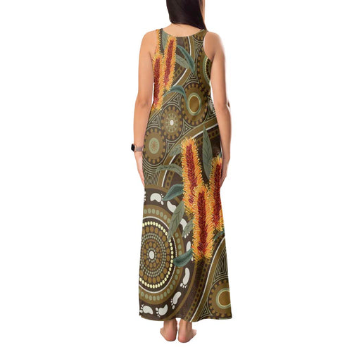 Australian Yellow Banksia Flowers Tank Maxi Dress Aboriginal Dot Art
