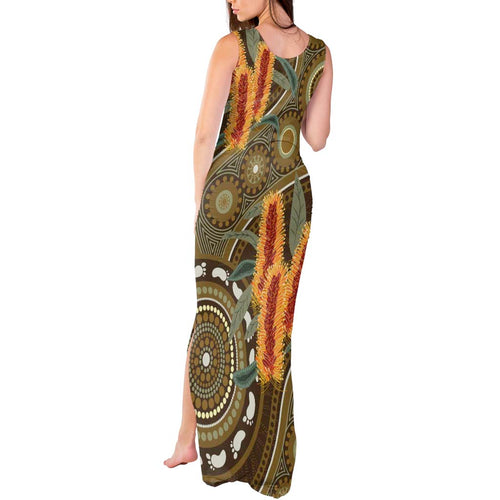 Australian Yellow Banksia Flowers Tank Maxi Dress Aboriginal Dot Art