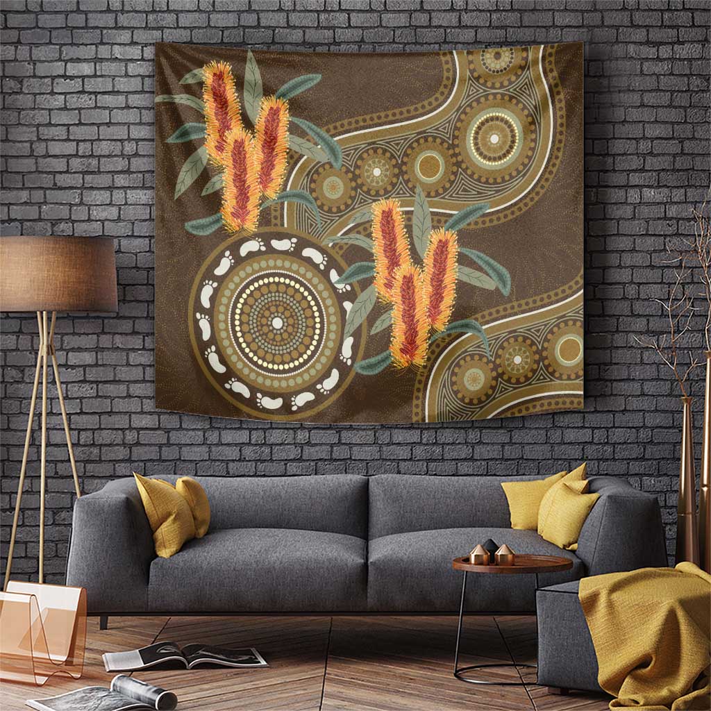 Australian Yellow Banksia Flowers Tapestry Aboriginal Dot Art