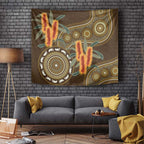 Australian Yellow Banksia Flowers Tapestry Aboriginal Dot Art