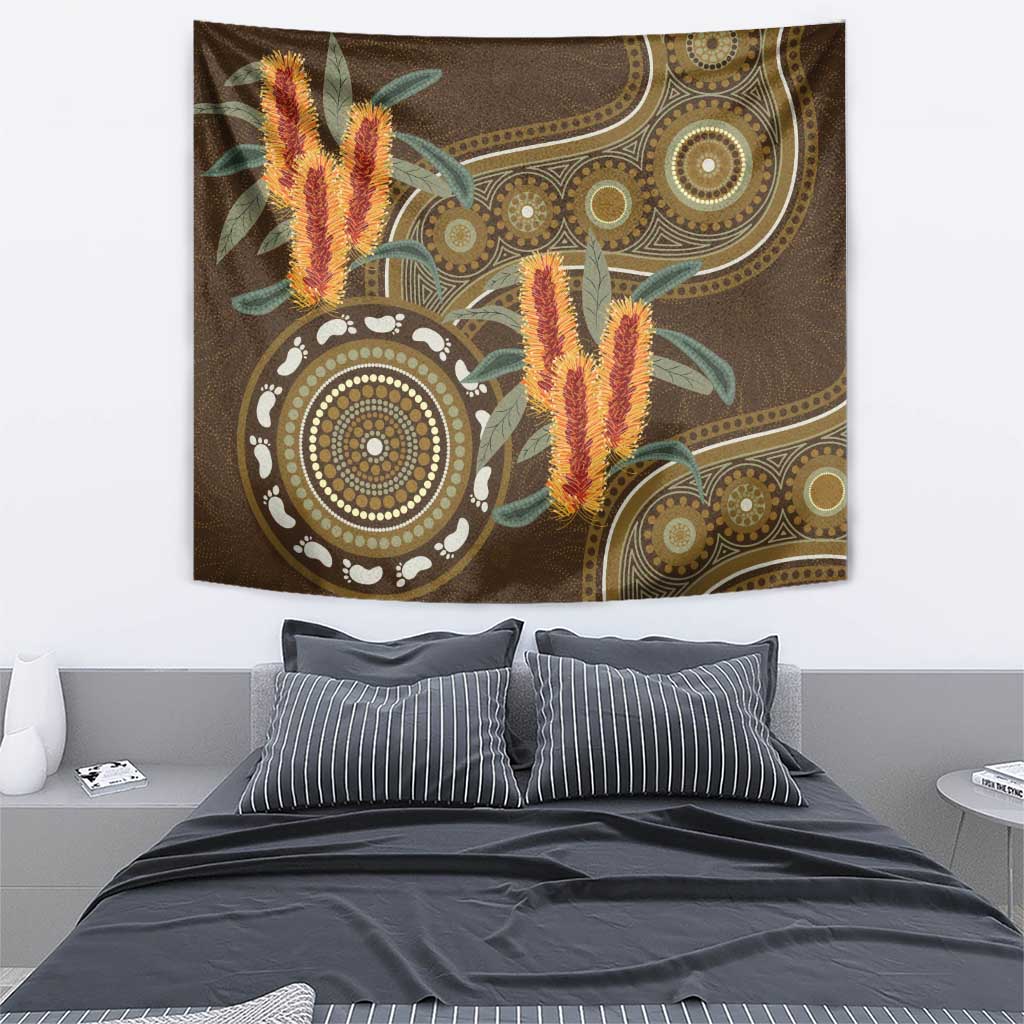 Australian Yellow Banksia Flowers Tapestry Aboriginal Dot Art