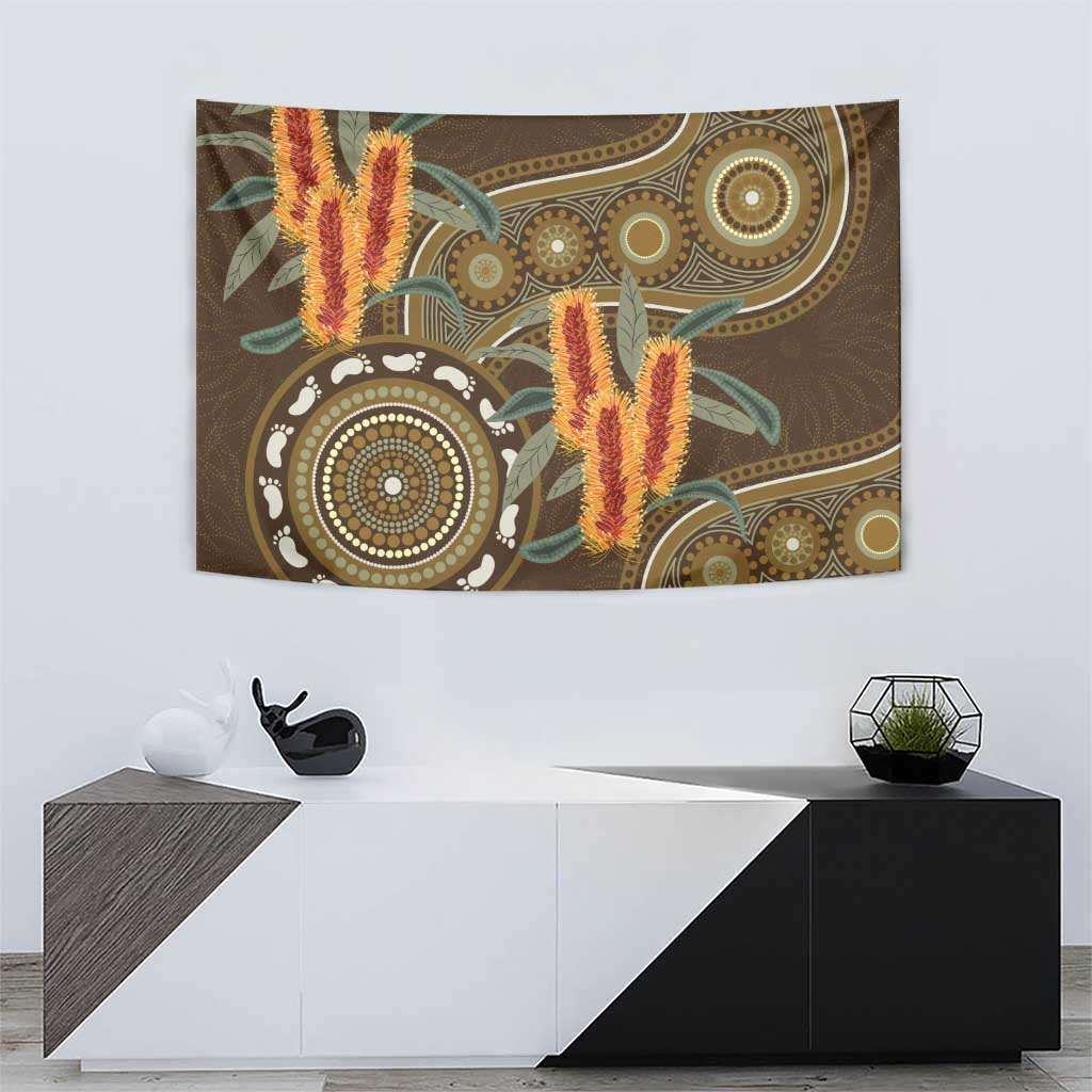 Australian Yellow Banksia Flowers Tapestry Aboriginal Dot Art