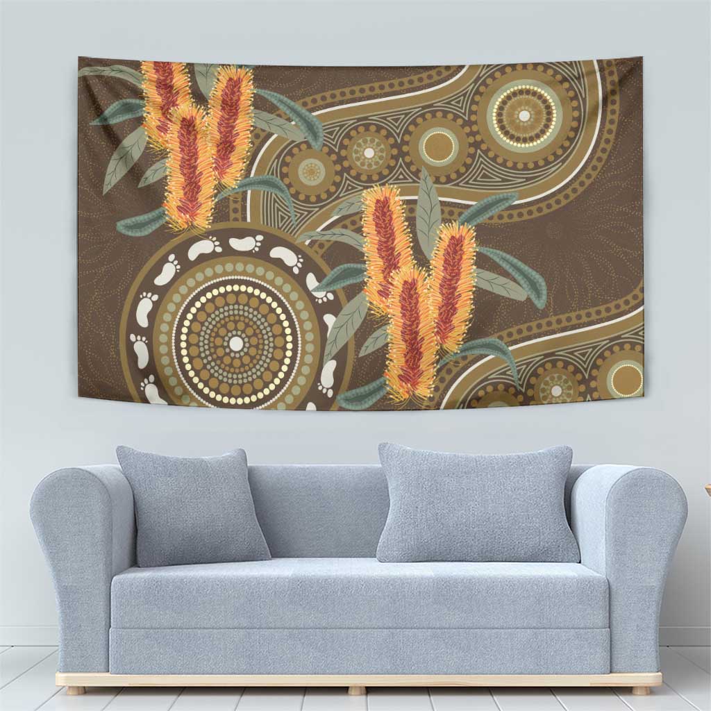 Australian Yellow Banksia Flowers Tapestry Aboriginal Dot Art