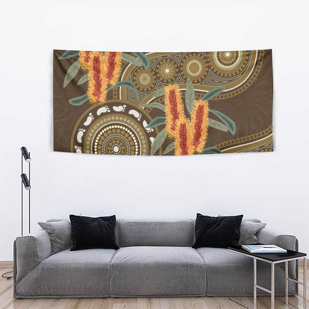 Australian Yellow Banksia Flowers Tapestry Aboriginal Dot Art