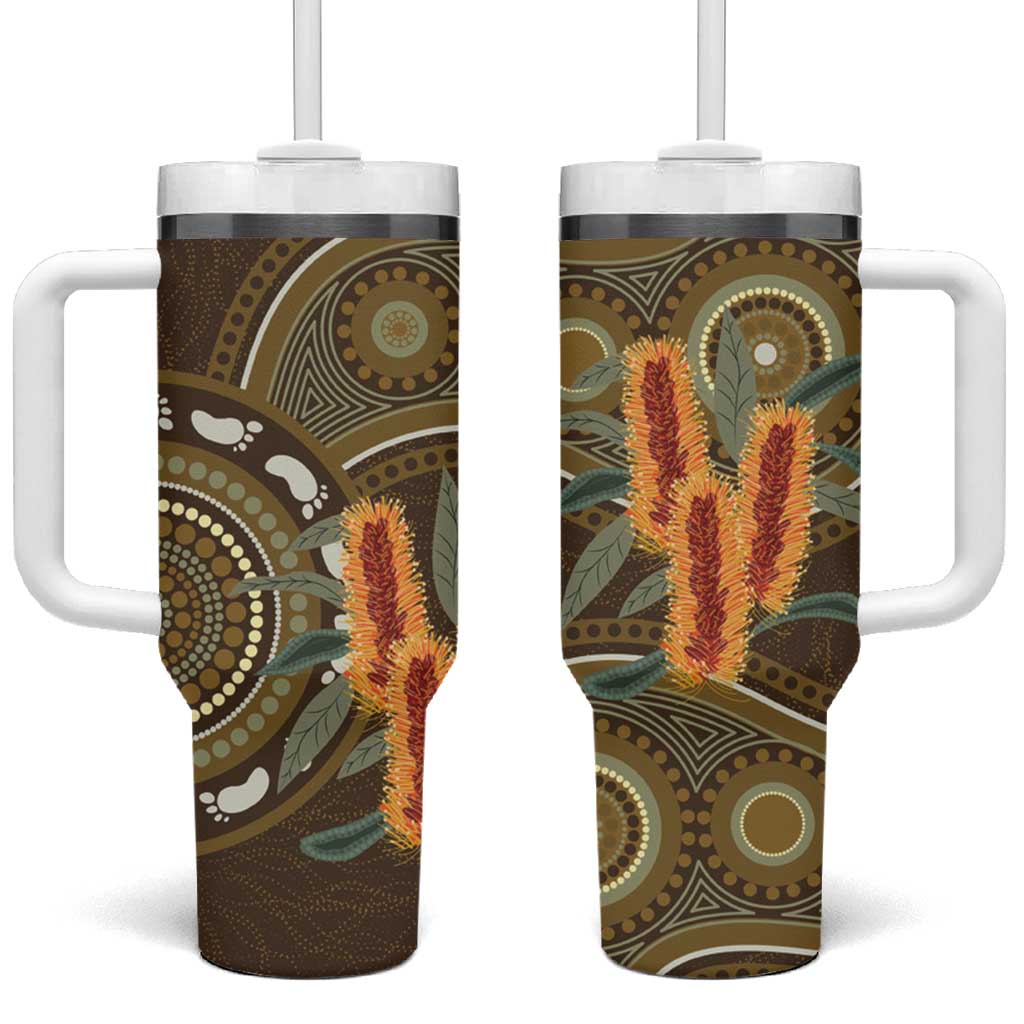 Australian Yellow Banksia Flowers Tumbler With Handle Aboriginal Dot Art