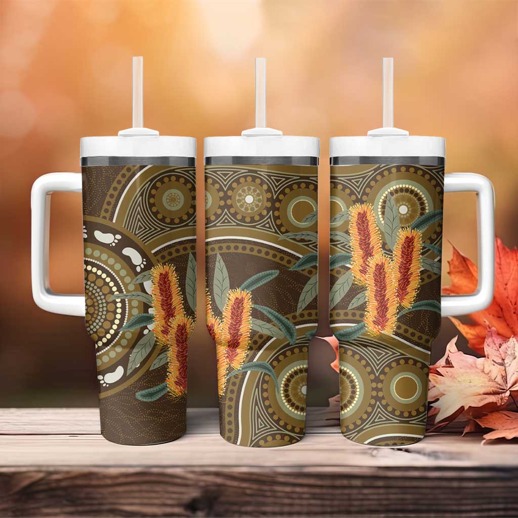 Australian Yellow Banksia Flowers Tumbler With Handle Aboriginal Dot Art