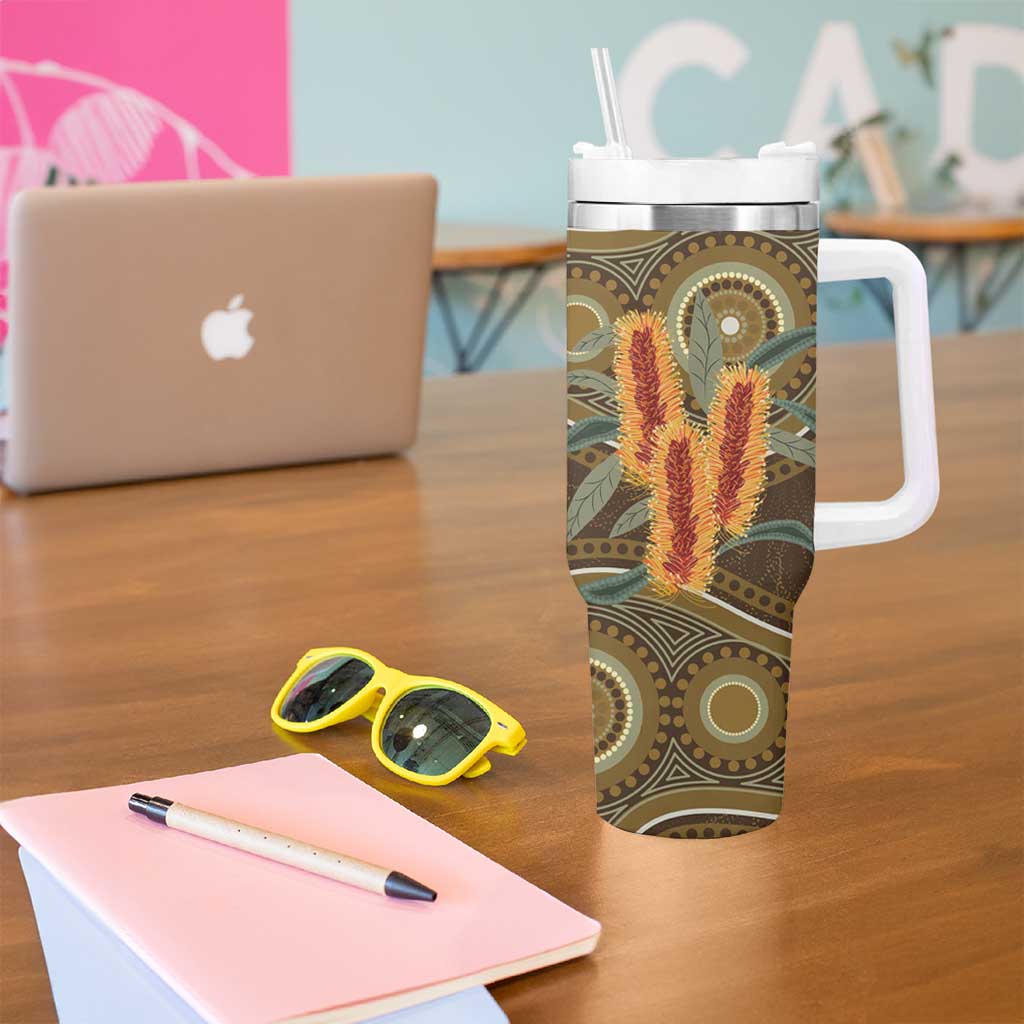 Australian Yellow Banksia Flowers Tumbler With Handle Aboriginal Dot Art