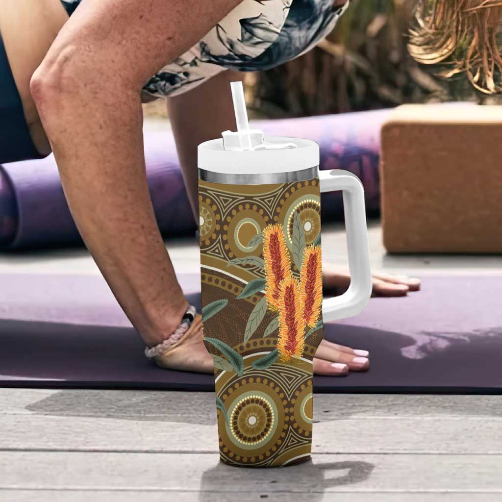 Australian Yellow Banksia Flowers Tumbler With Handle Aboriginal Dot Art