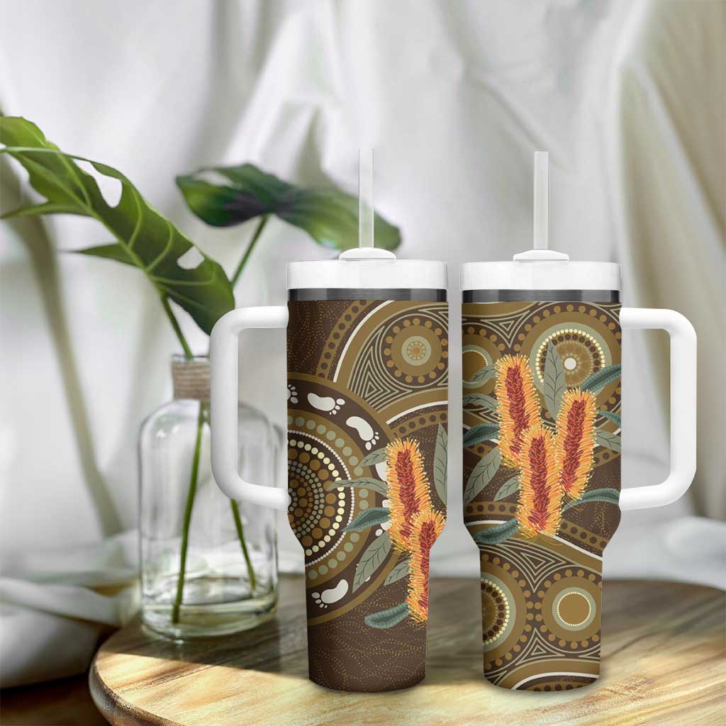 Australian Yellow Banksia Flowers Tumbler With Handle Aboriginal Dot Art