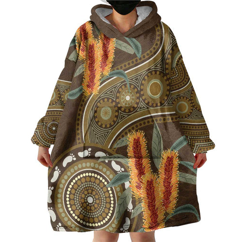 Australian Yellow Banksia Flowers Wearable Blanket Hoodie Aboriginal Dot Art
