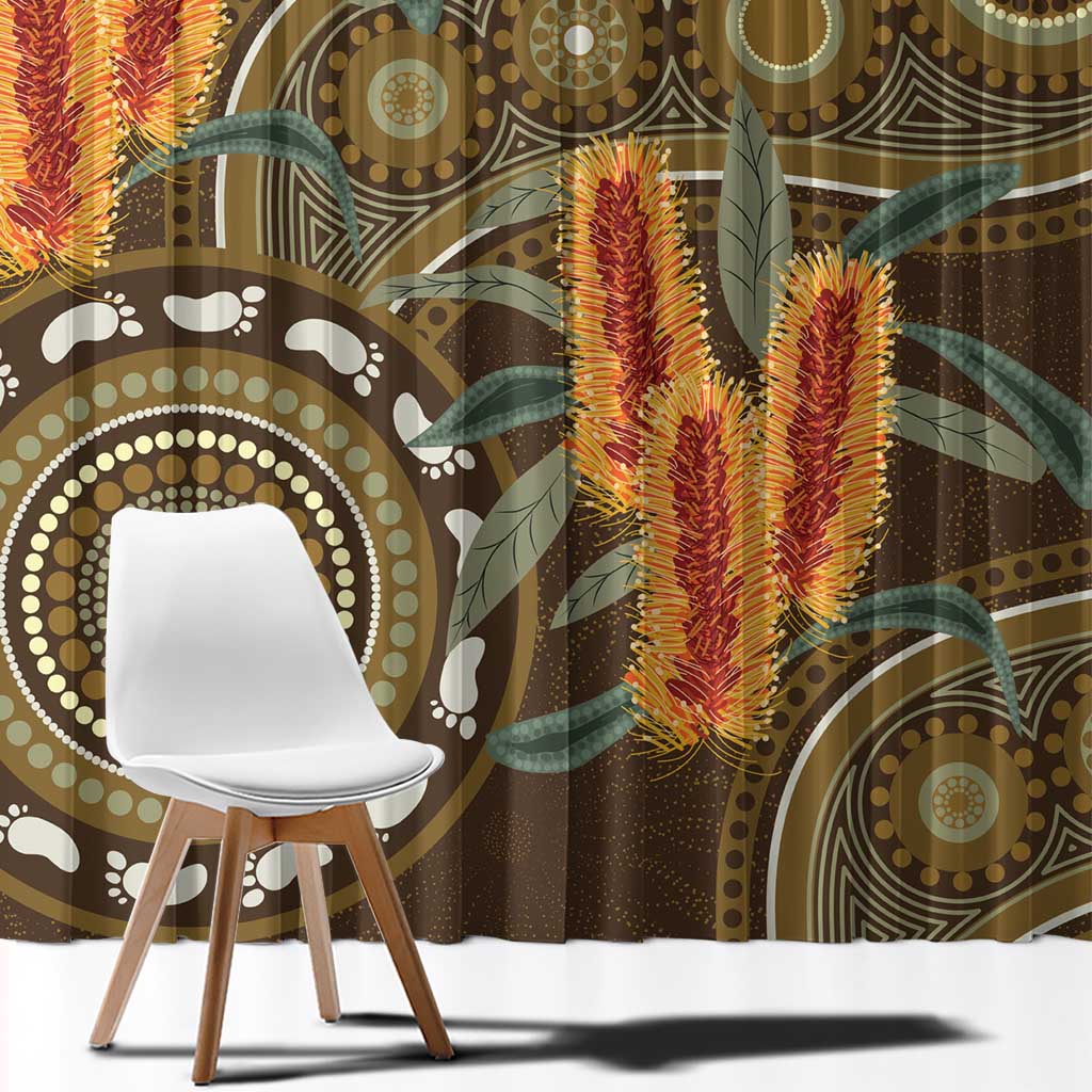 Australian Yellow Banksia Flowers Window Curtain Aboriginal Dot Art