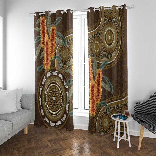 Australian Yellow Banksia Flowers Window Curtain Aboriginal Dot Art