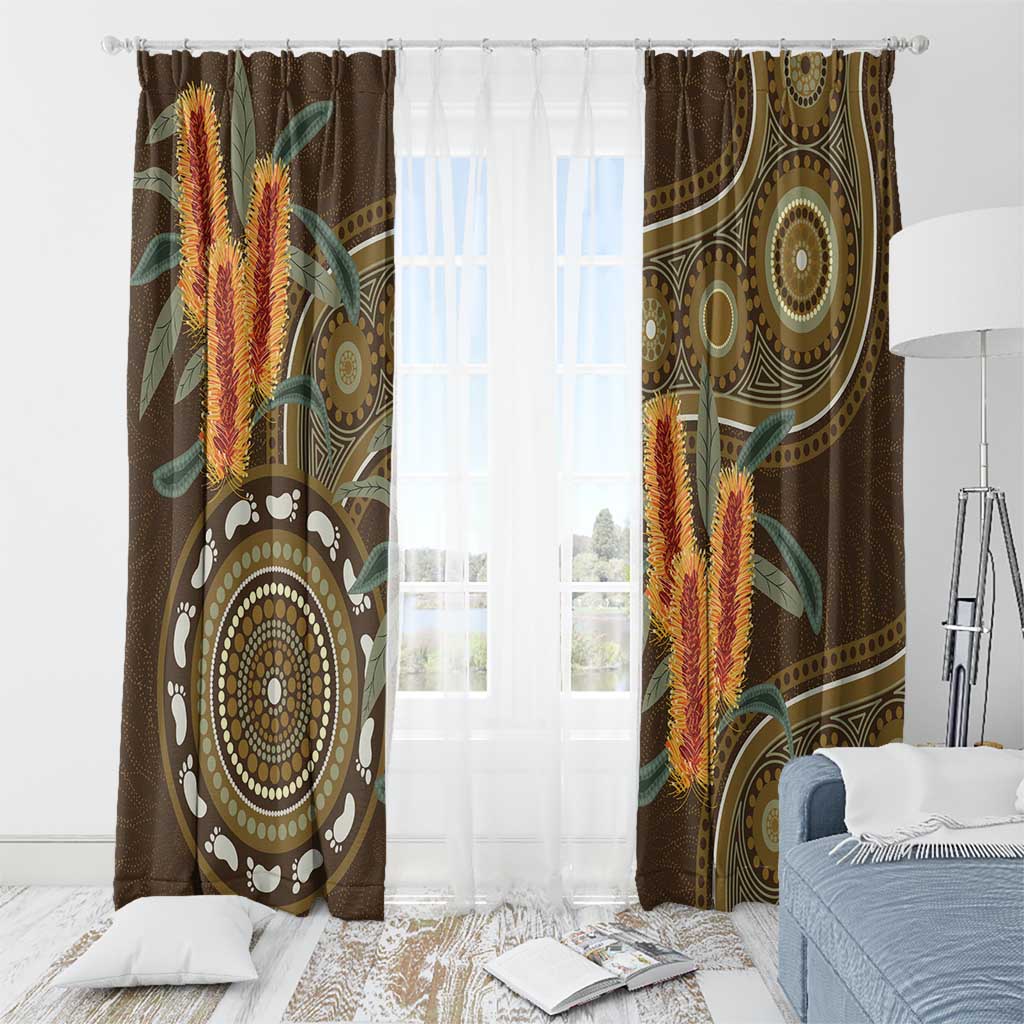 Australian Yellow Banksia Flowers Window Curtain Aboriginal Dot Art