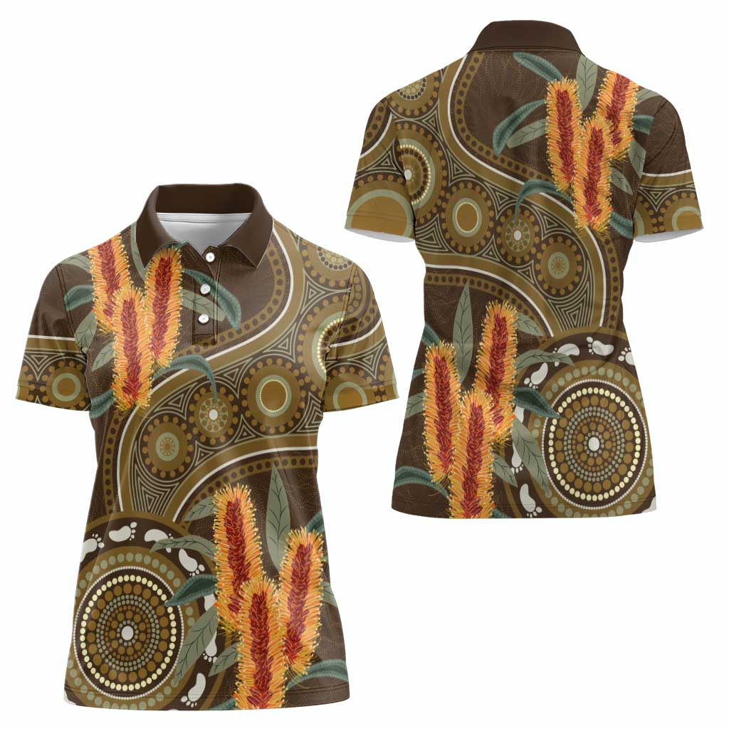 Australian Yellow Banksia Flowers Women Polo Shirt Aboriginal Dot Art