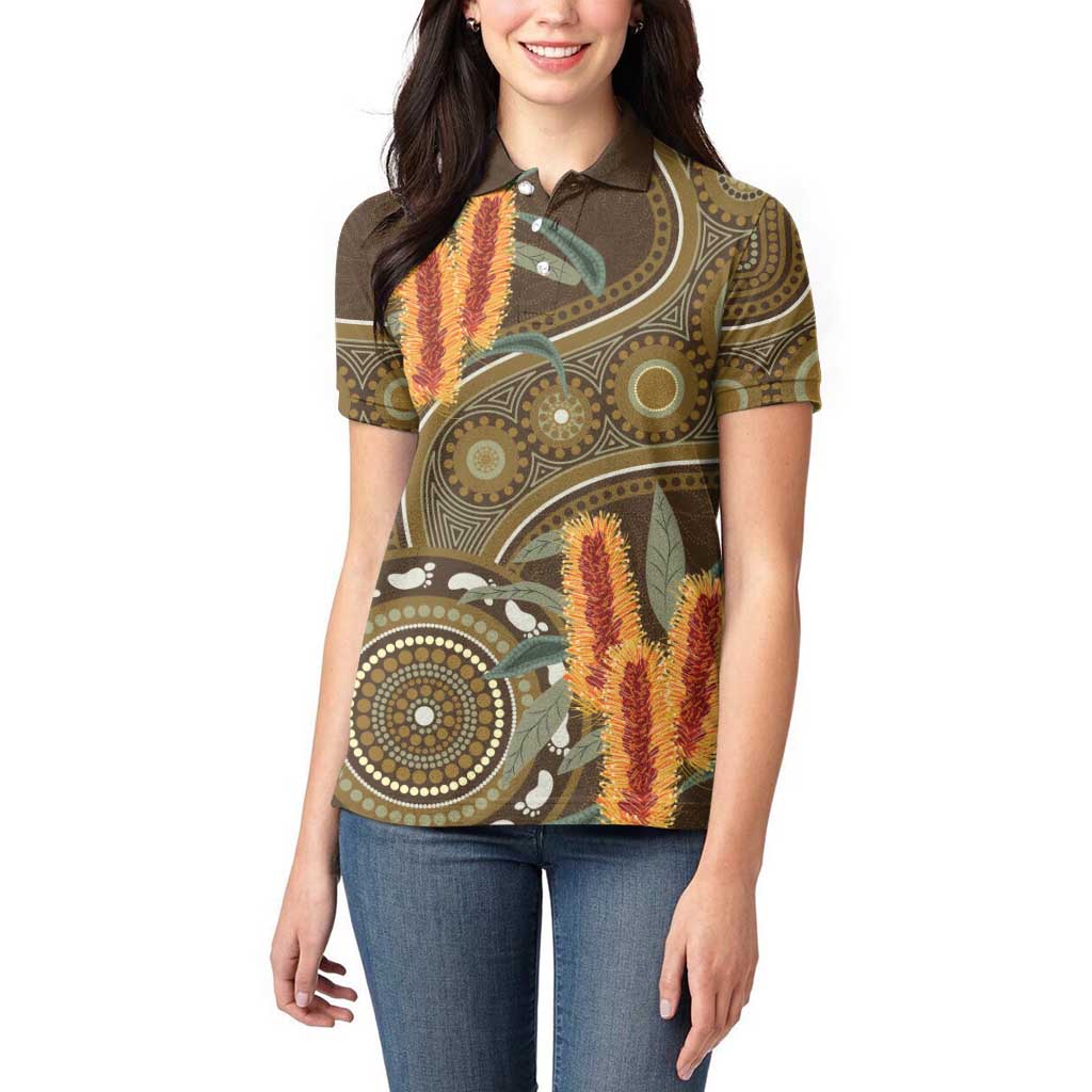 Australian Yellow Banksia Flowers Women Polo Shirt Aboriginal Dot Art