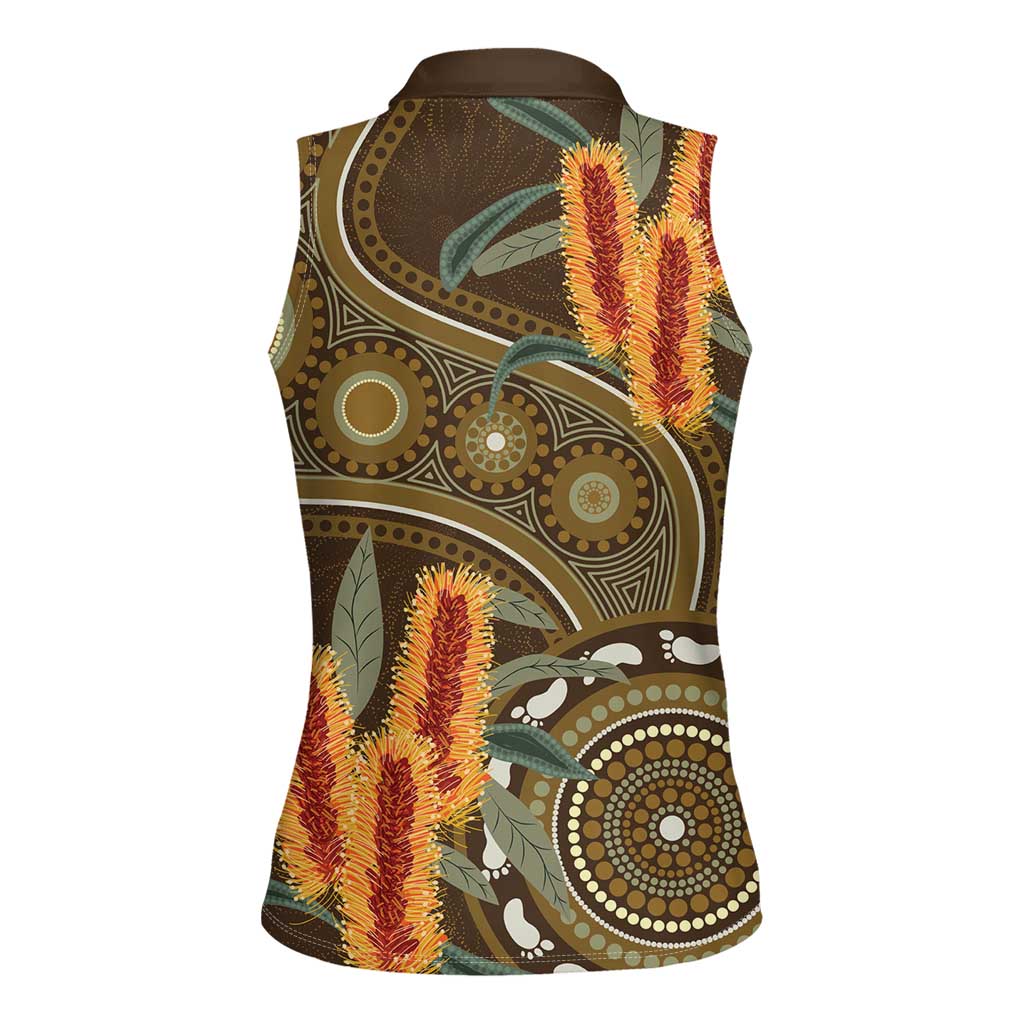 Australian Yellow Banksia Flowers Women Sleeveless Polo Shirt Aboriginal Dot Art