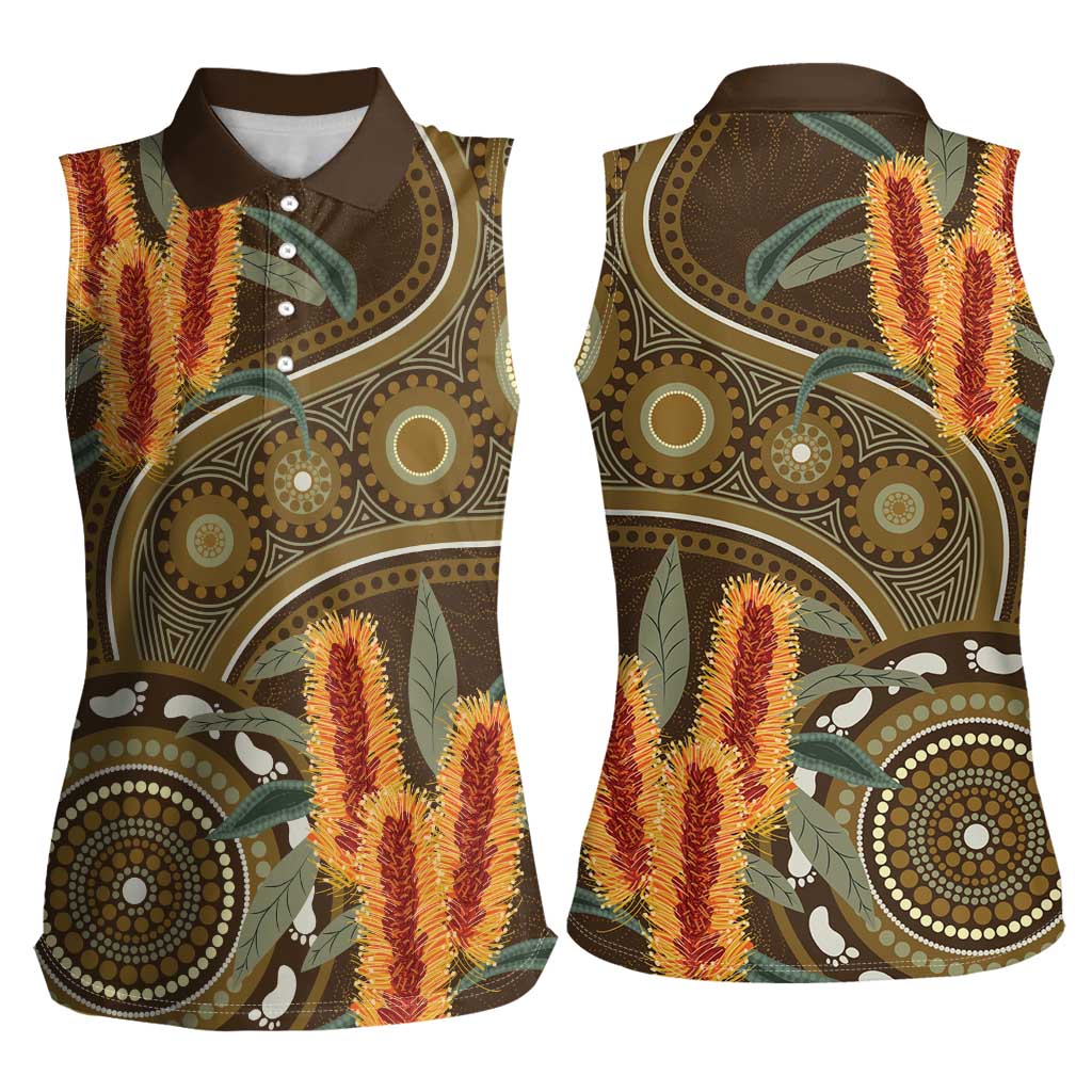Australian Yellow Banksia Flowers Women Sleeveless Polo Shirt Aboriginal Dot Art