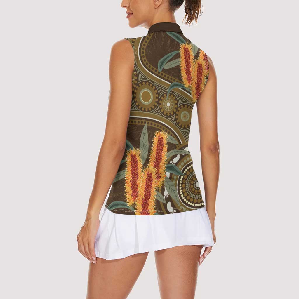 Australian Yellow Banksia Flowers Women Sleeveless Polo Shirt Aboriginal Dot Art