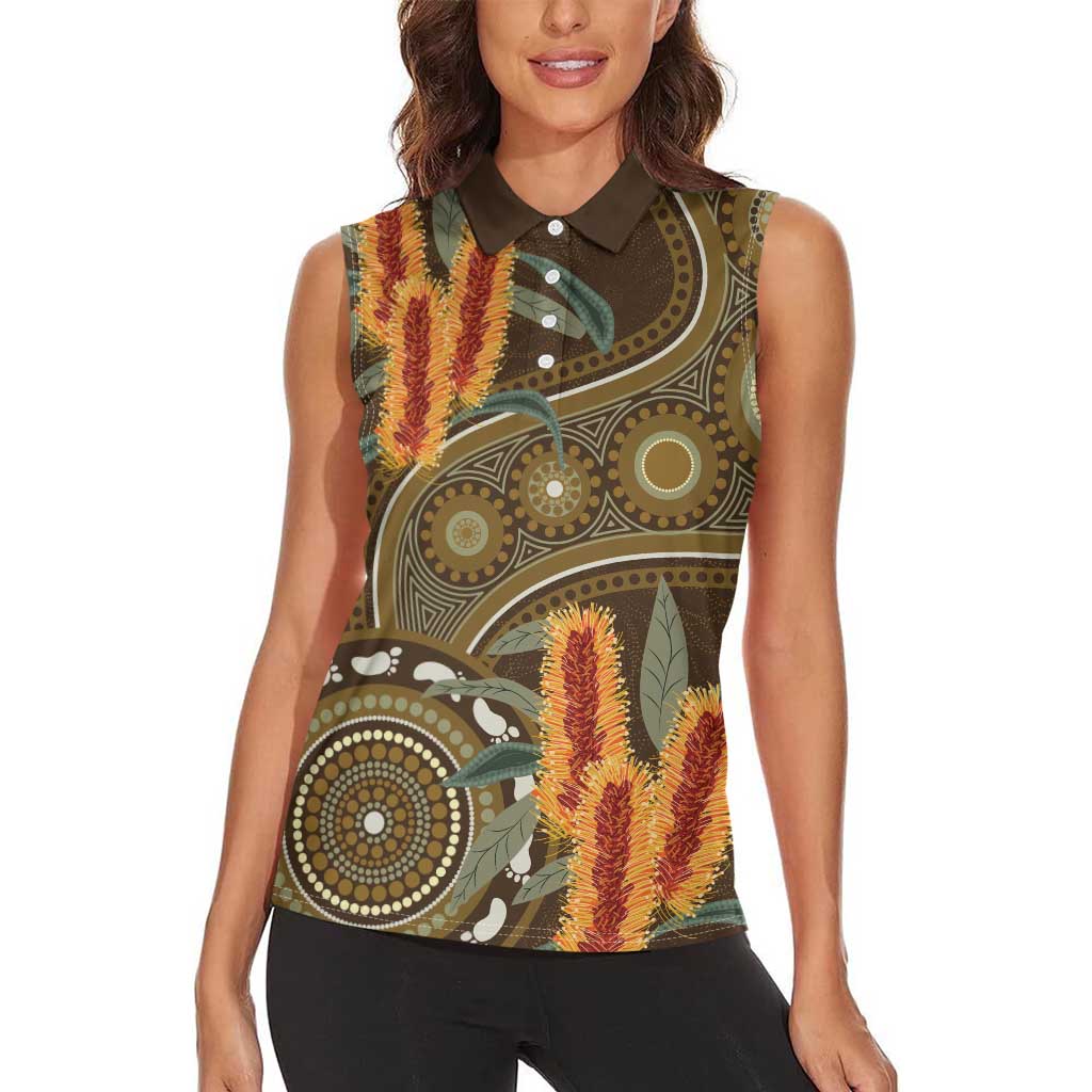 Australian Yellow Banksia Flowers Women Sleeveless Polo Shirt Aboriginal Dot Art
