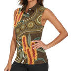 Australian Yellow Banksia Flowers Women Sleeveless Polo Shirt Aboriginal Dot Art