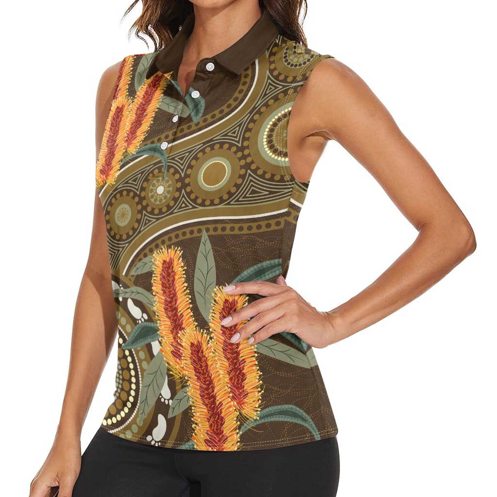 Australian Yellow Banksia Flowers Women Sleeveless Polo Shirt Aboriginal Dot Art