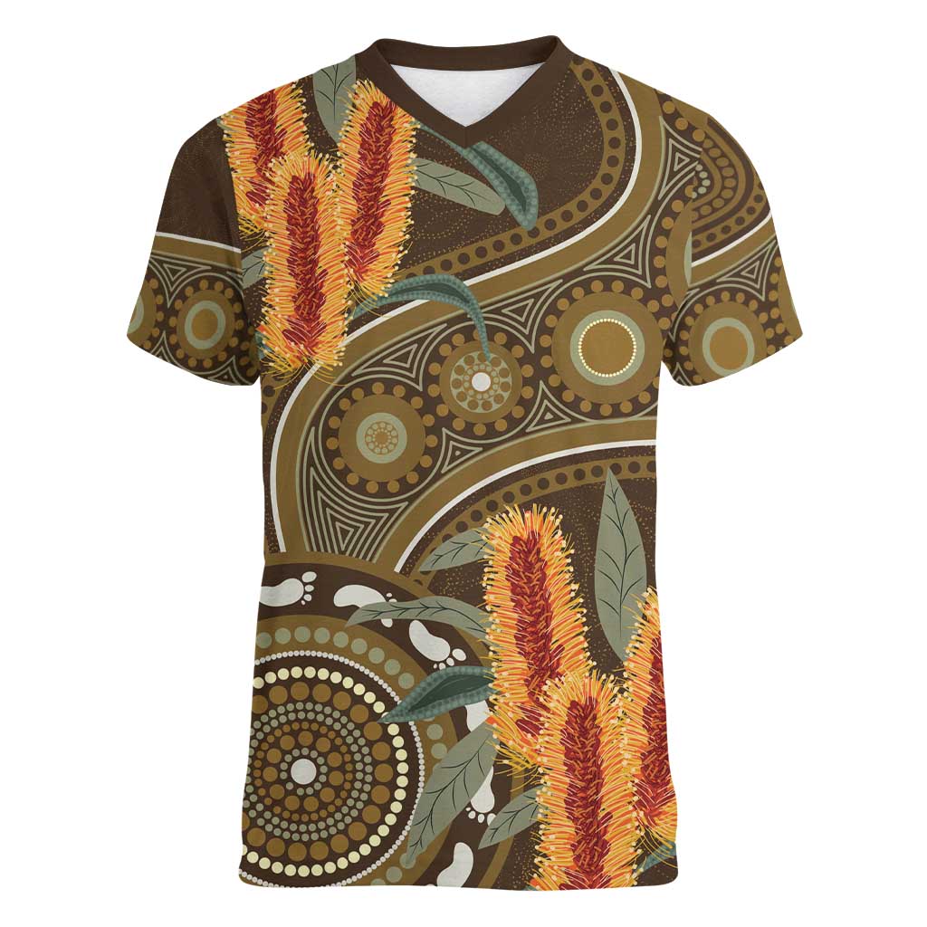 Australian Yellow Banksia Flowers Women V-Neck T-Shirt Aboriginal Dot Art
