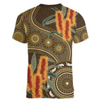 Australian Yellow Banksia Flowers Women V-Neck T-Shirt Aboriginal Dot Art