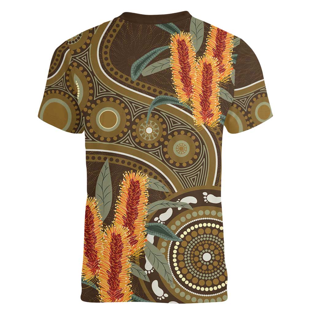 Australian Yellow Banksia Flowers Women V-Neck T-Shirt Aboriginal Dot Art