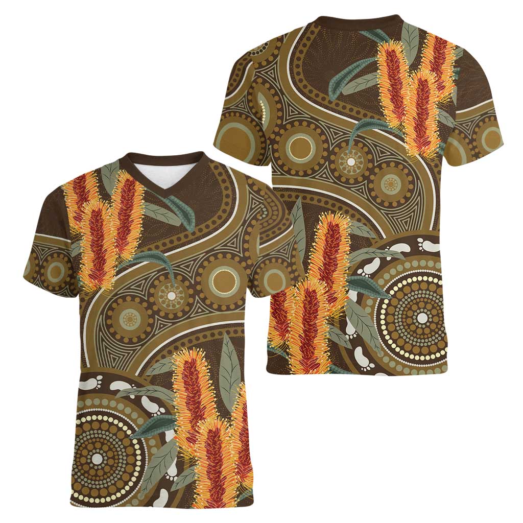 Australian Yellow Banksia Flowers Women V-Neck T-Shirt Aboriginal Dot Art