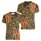 Australian Yellow Banksia Flowers Women V-Neck T-Shirt Aboriginal Dot Art