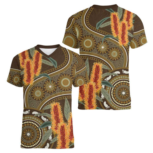 Australian Yellow Banksia Flowers Women V-Neck T-Shirt Aboriginal Dot Art