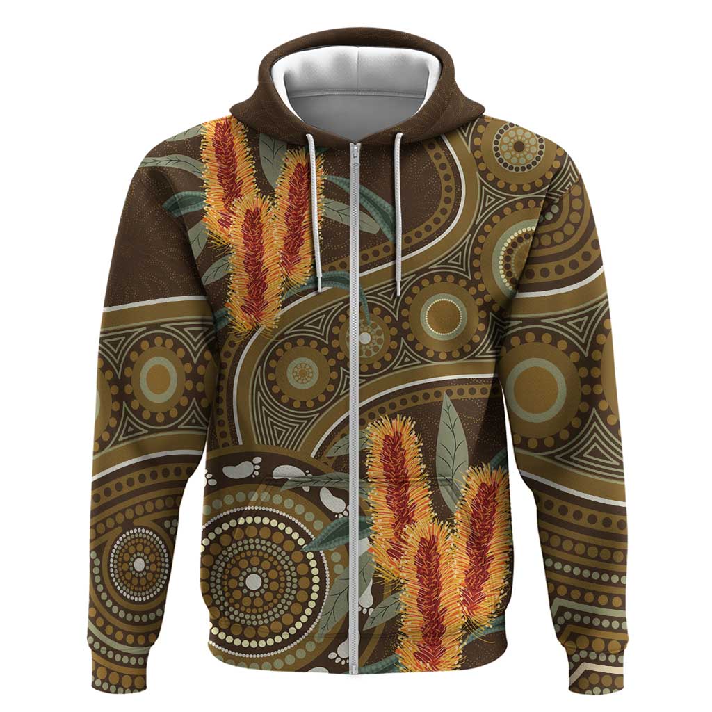 Australian Yellow Banksia Flowers Zip Hoodie Aboriginal Dot Art
