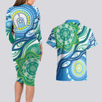 Torres Strait Islander Couples Matching Long Sleeve Bodycon Dress and Hawaiian Shirt Aboriginal Blue Art