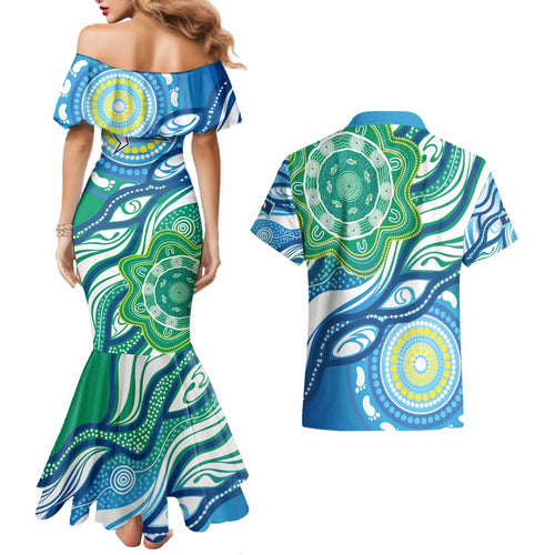 Torres Strait Islander Couples Matching Mermaid Dress and Hawaiian Shirt Aboriginal Blue Art