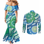 Torres Strait Islander Couples Matching Mermaid Dress and Long Sleeve Button Shirt Aboriginal Blue Art