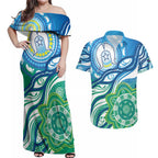 Torres Strait Islander Couples Matching Off Shoulder Maxi Dress and Hawaiian Shirt Aboriginal Blue Art
