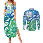 Torres Strait Islander Couples Matching Summer Maxi Dress and Long Sleeve Button Shirt Aboriginal Blue Art