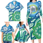Torres Strait Islander Family Matching Long Sleeve Bodycon Dress and Hawaiian Shirt Aboriginal Blue Art