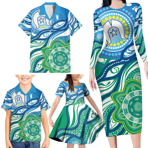 Torres Strait Islander Family Matching Long Sleeve Bodycon Dress and Hawaiian Shirt Aboriginal Blue Art