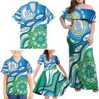 Torres Strait Islander Family Matching Off Shoulder Maxi Dress and Hawaiian Shirt Aboriginal Blue Art
