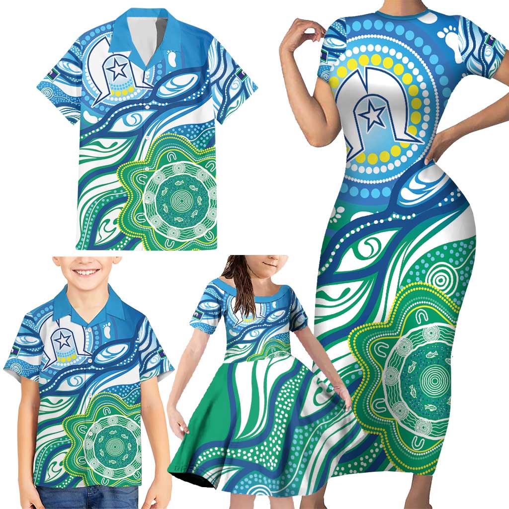 Torres Strait Islander Family Matching Short Sleeve Bodycon Dress and Hawaiian Shirt Aboriginal Blue Art