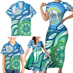 Torres Strait Islander Family Matching Short Sleeve Bodycon Dress and Hawaiian Shirt Aboriginal Blue Art