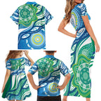 Torres Strait Islander Family Matching Short Sleeve Bodycon Dress and Hawaiian Shirt Aboriginal Blue Art