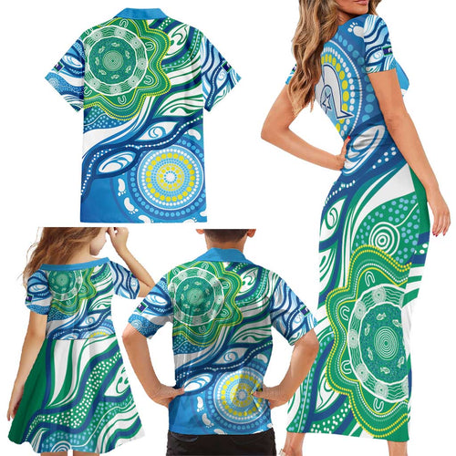 Torres Strait Islander Family Matching Short Sleeve Bodycon Dress and Hawaiian Shirt Aboriginal Blue Art