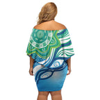 Torres Strait Islander Off Shoulder Short Dress Aboriginal Blue Art