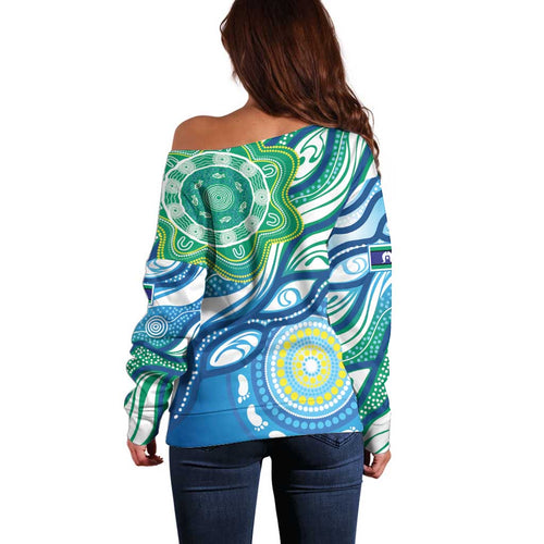 Torres Strait Islander Off Shoulder Sweater Aboriginal Blue Art